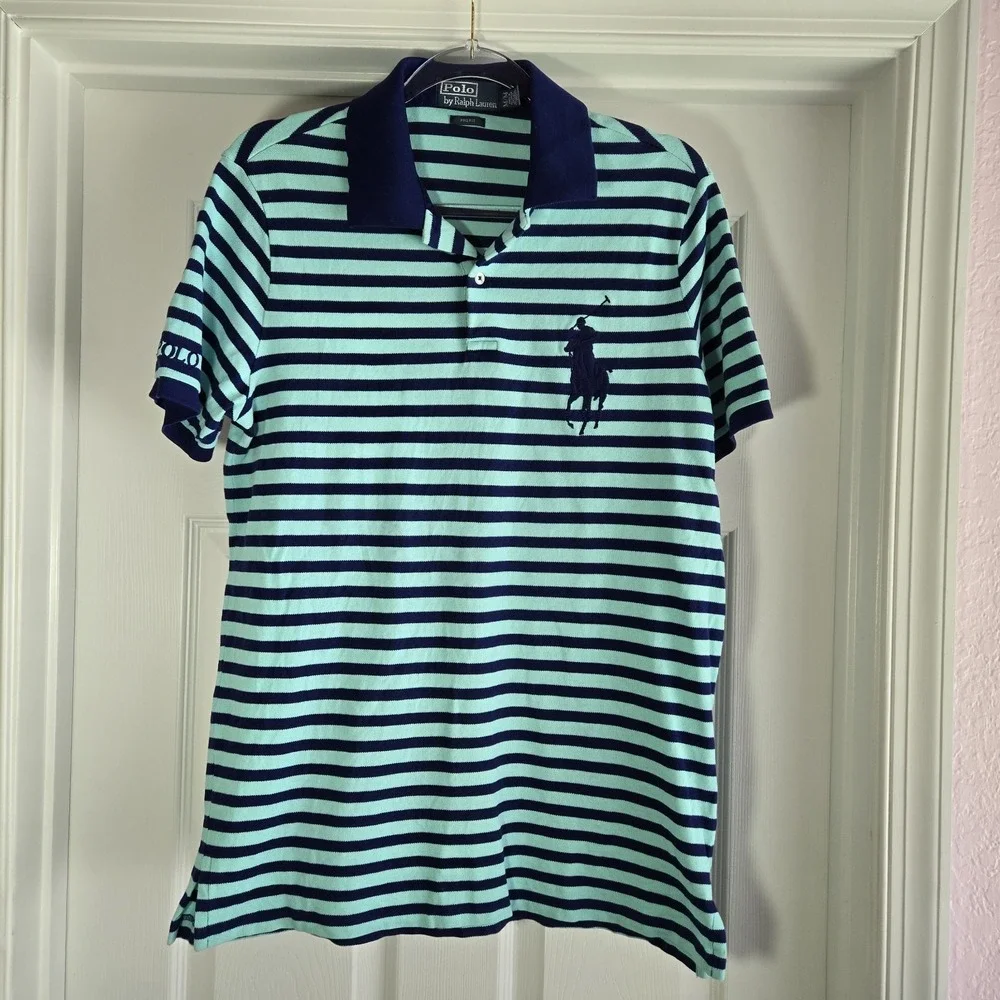 Polo Ralph Lauren Pro Fit Shirt Size M Big Pony Green And‎ Blue Stripes Cotton